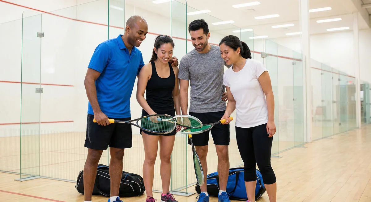 A team of squash players standing together on the squash court or in front of the facility
